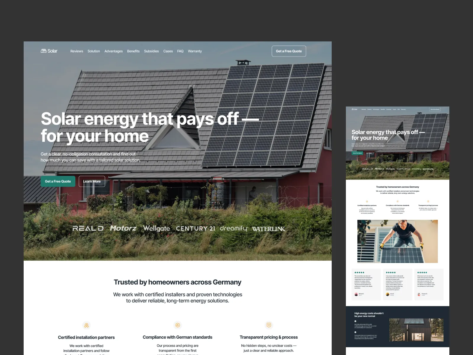 Solar: landing page for a home solar energy company, with a photo of a house with solar panels and a mobile version