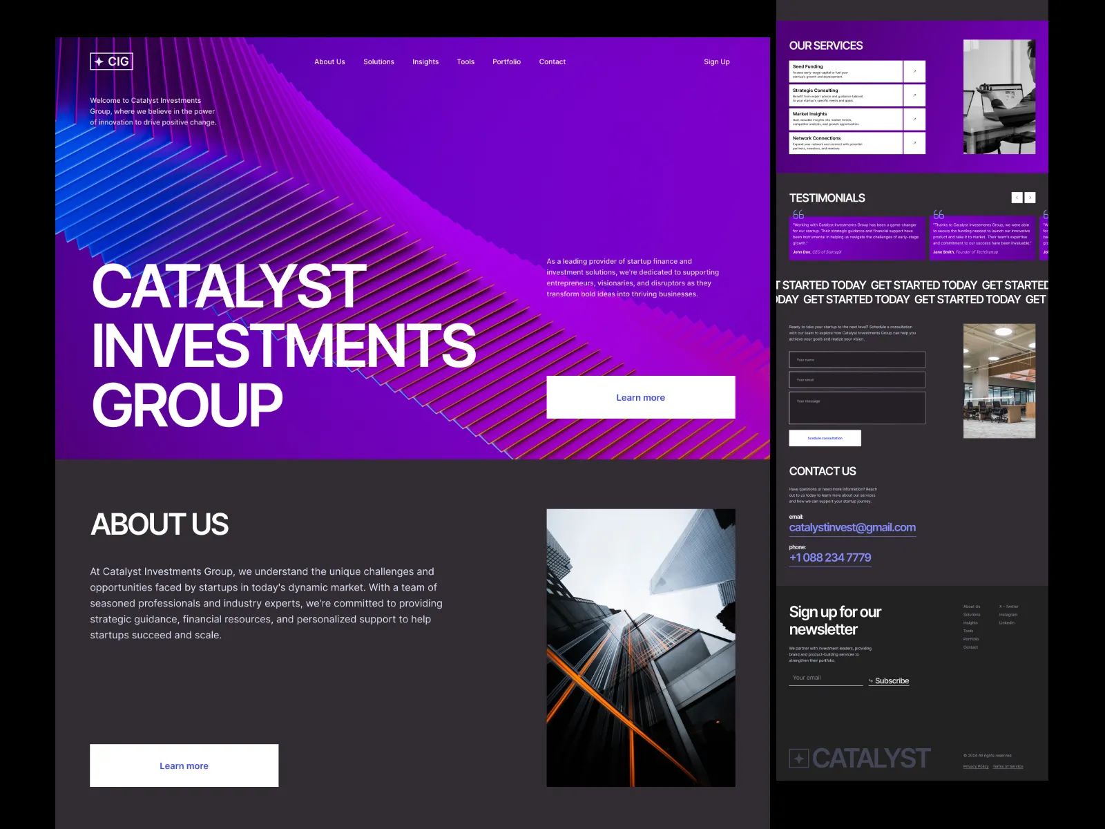 Catalyst Investments Group: dark purple website for an investment firm, with a large heading, about section and mobile version