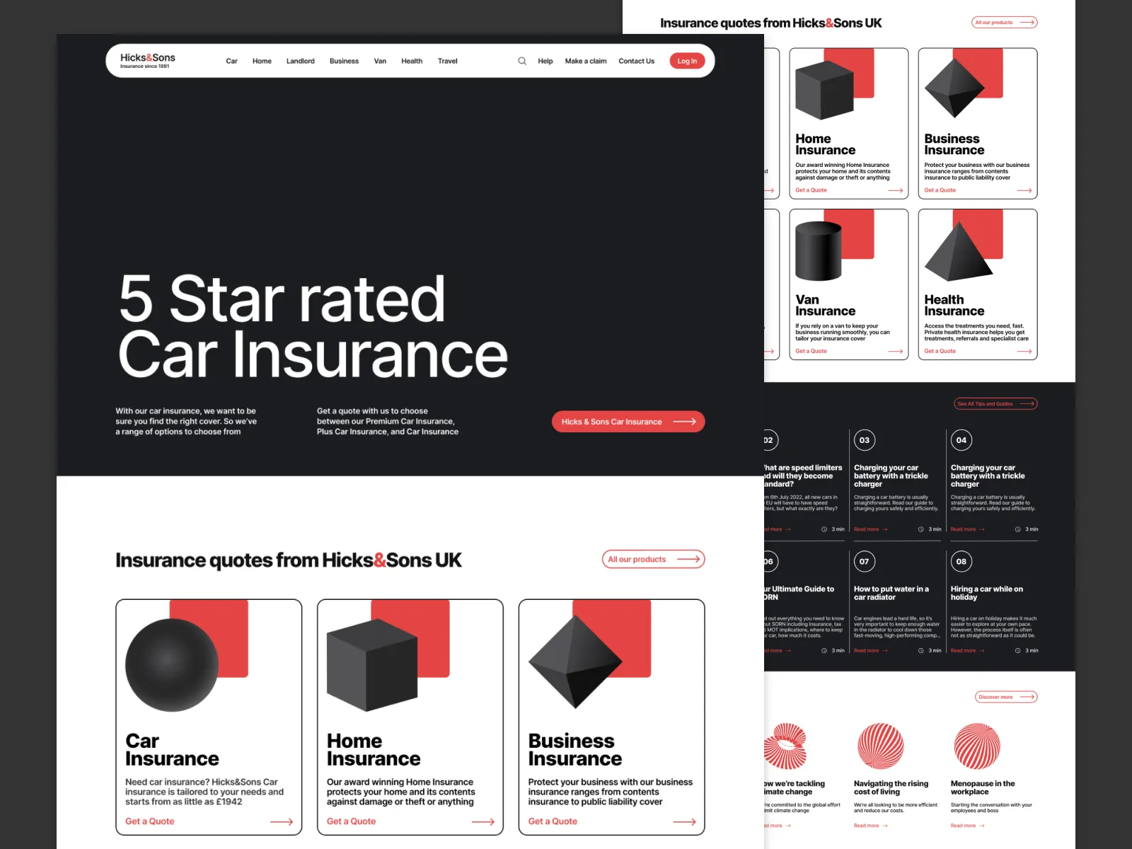 Hicks & Sons: insurance website with a dark hero, product cards with 3D shapes and red accents, and mobile version