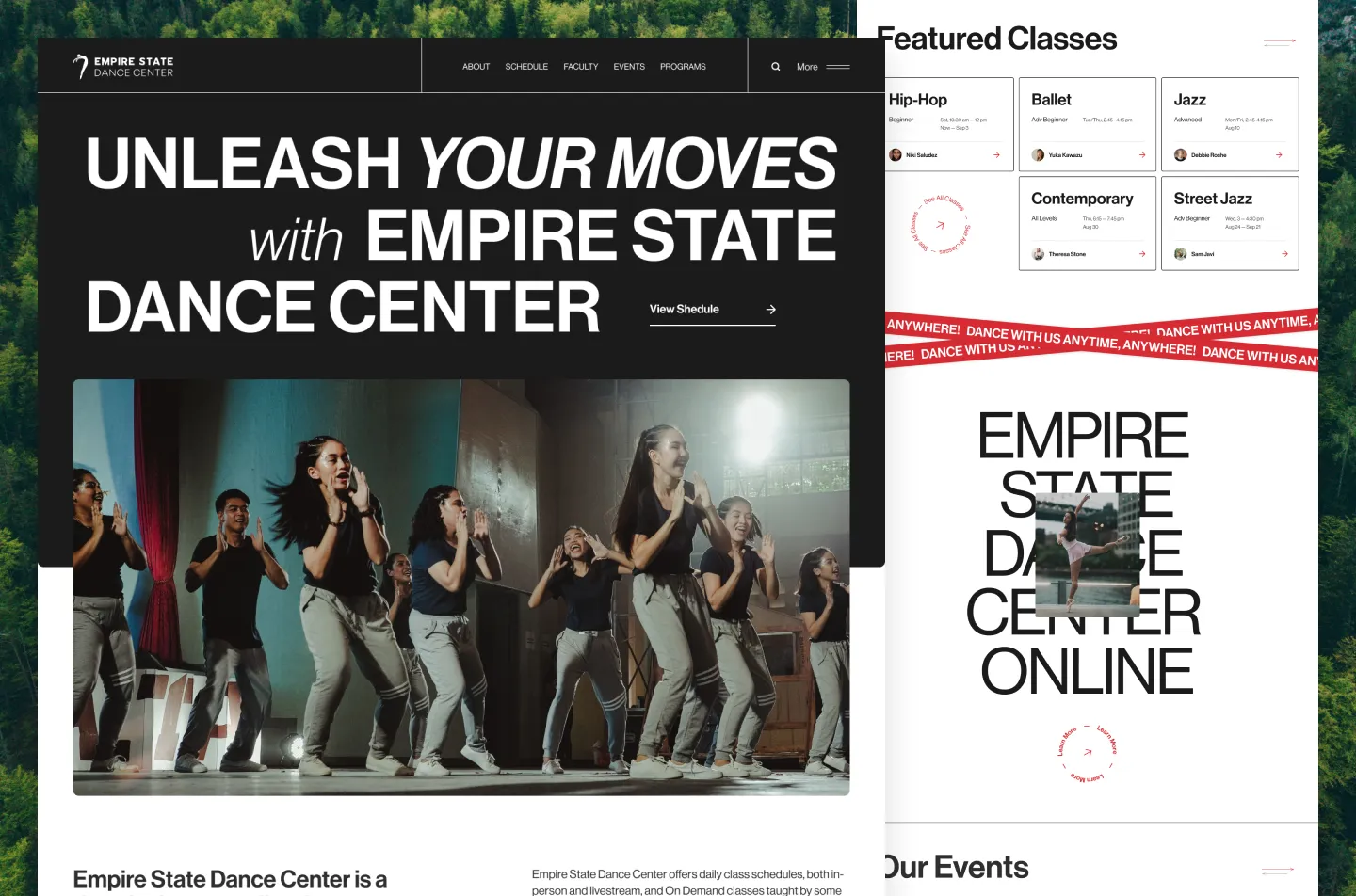 Empire State Dance Center website: home page hero and featured classes