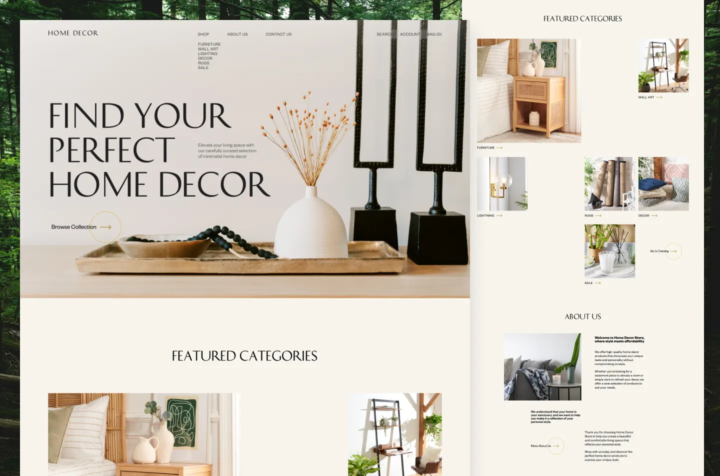 Home Decor online store: home page hero and featured categories