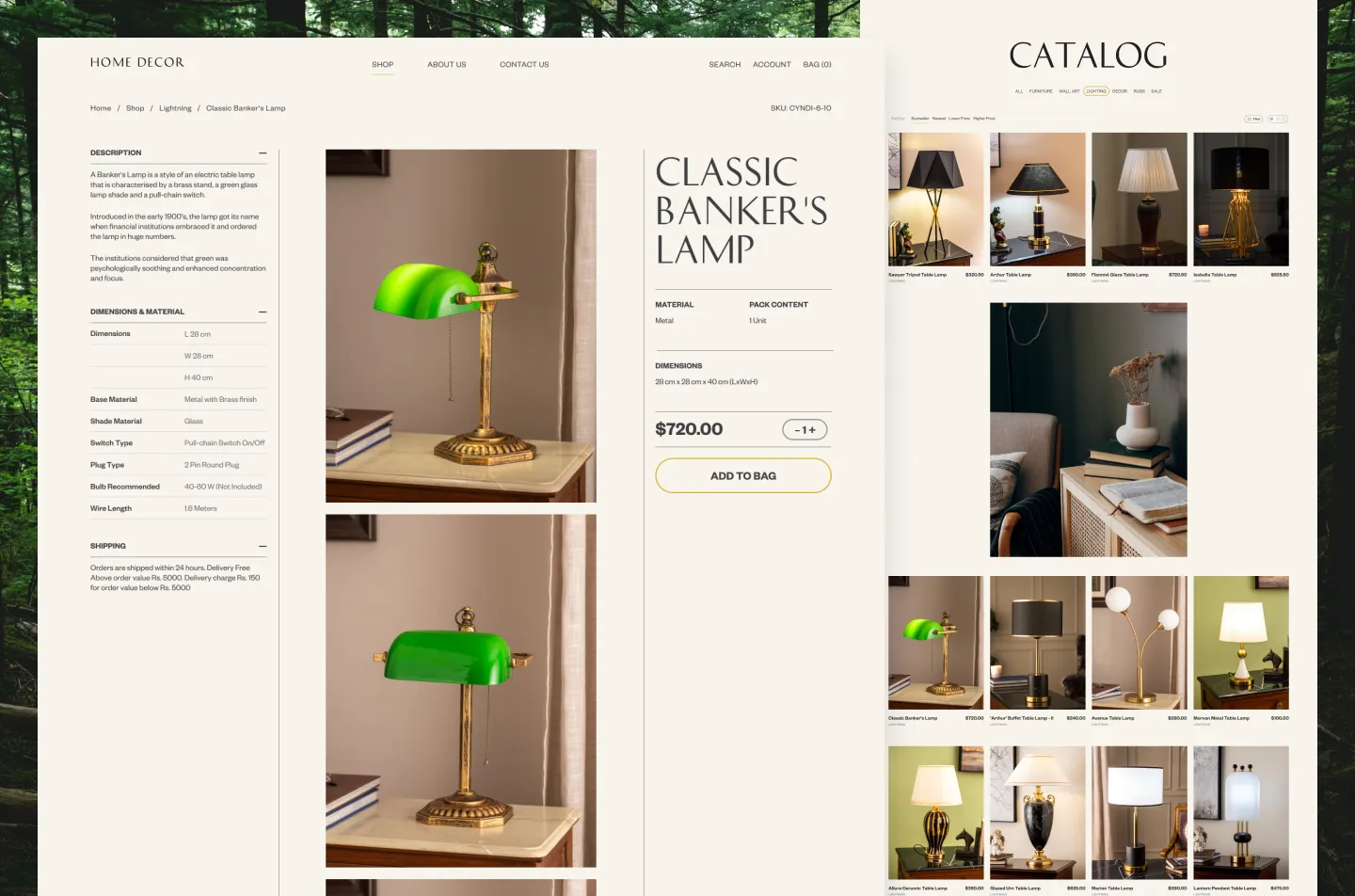Home Decor online store: product page for a table lamp and lighting catalog