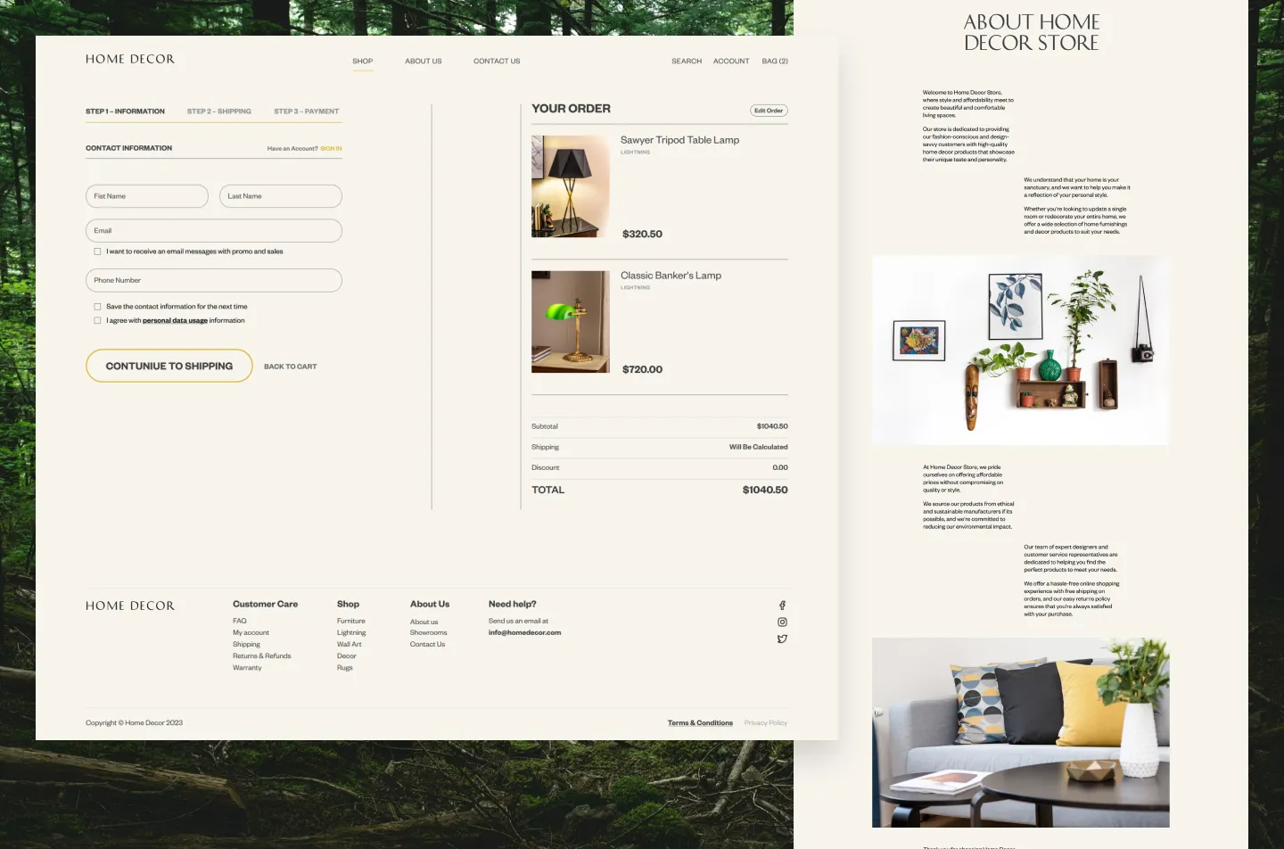 Home Decor online store: checkout with order summary and about page