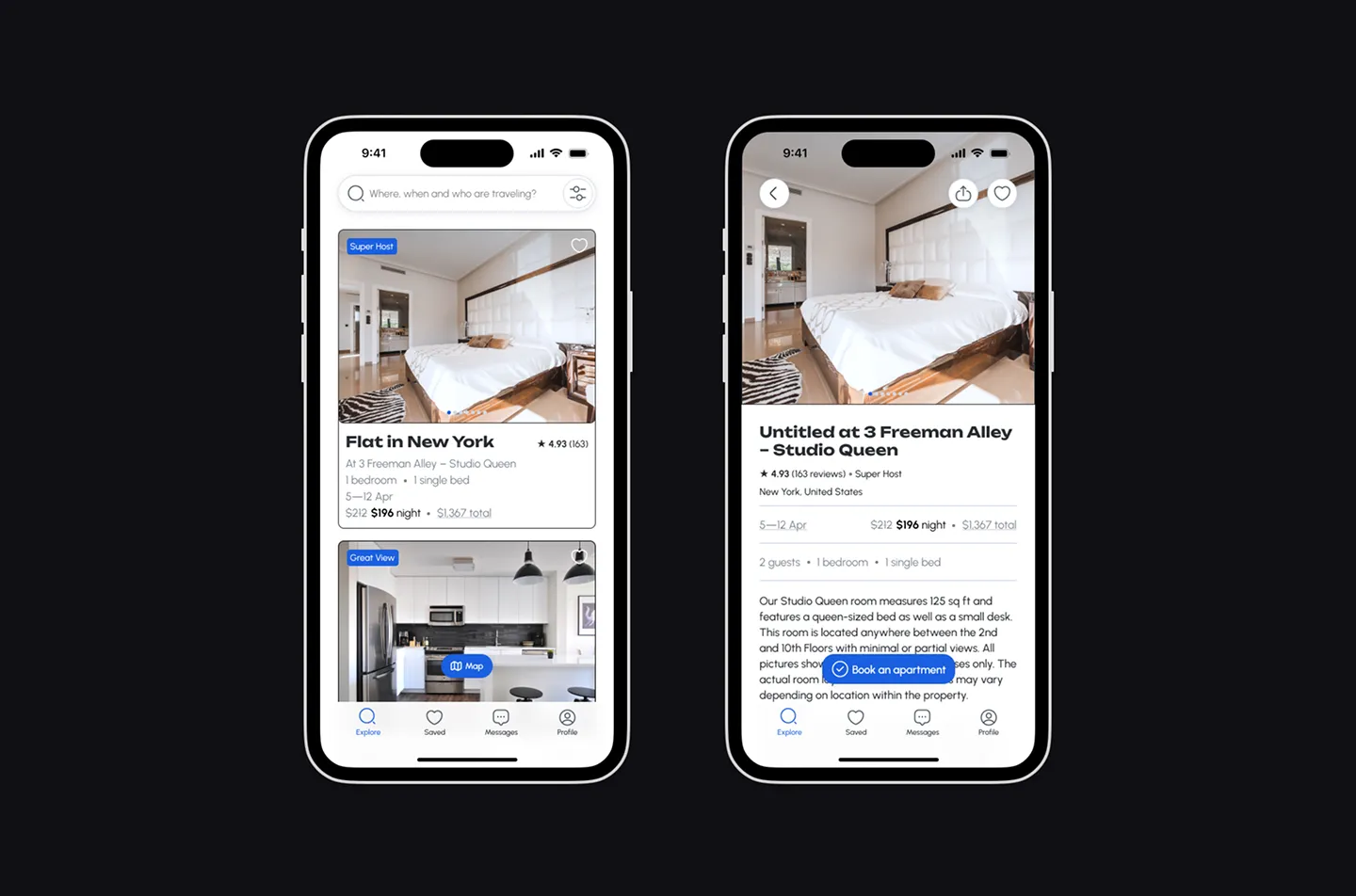 Rent Apartment app: listing search results and apartment details screen