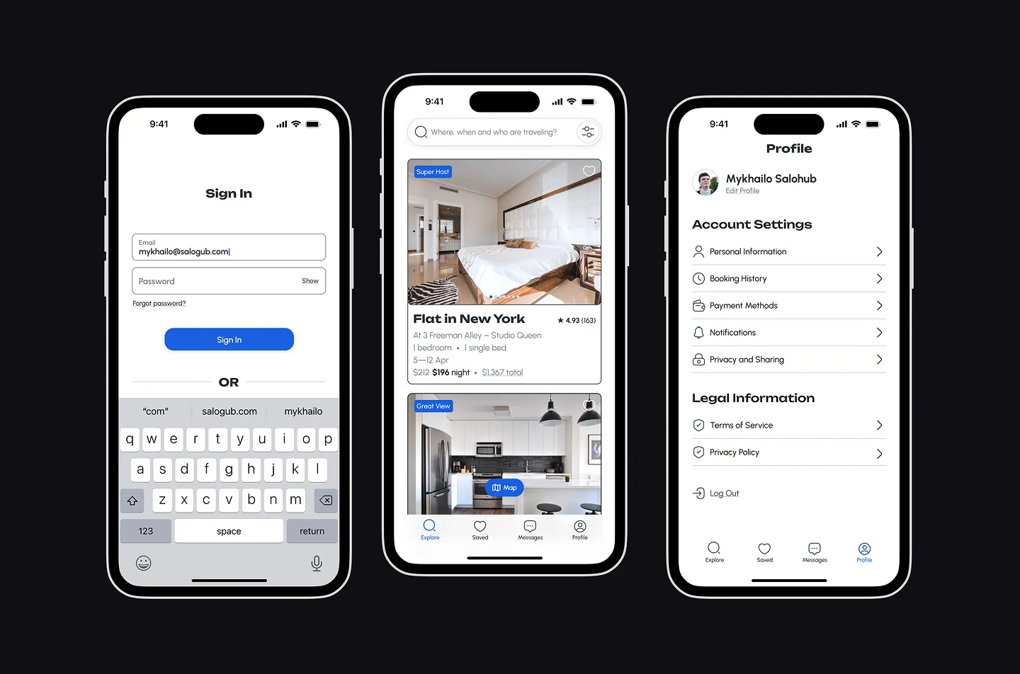 Rent Apartment app: sign-in, listings and profile settings screens