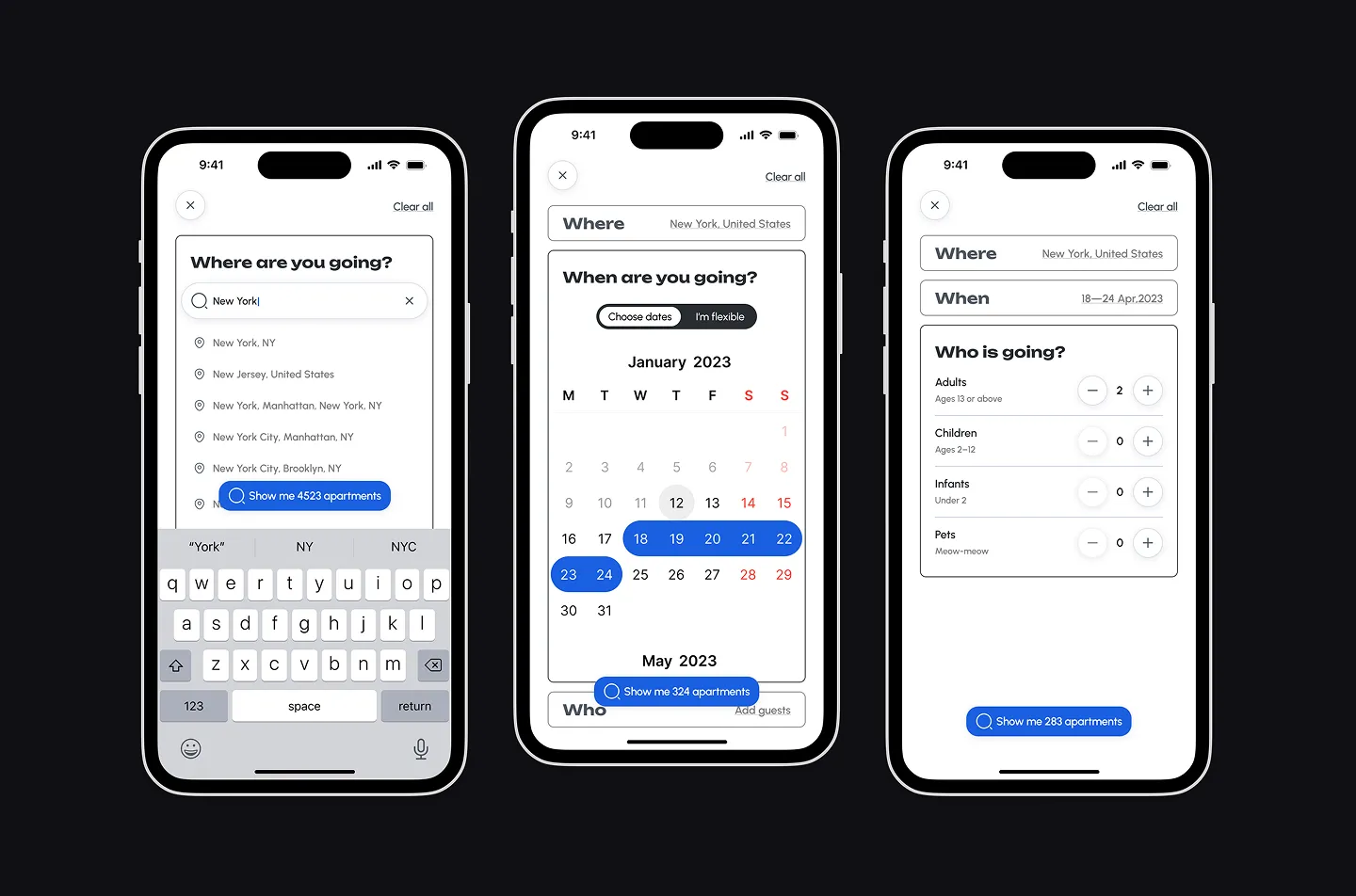 Rent Apartment app: search flow for destination, dates and guests