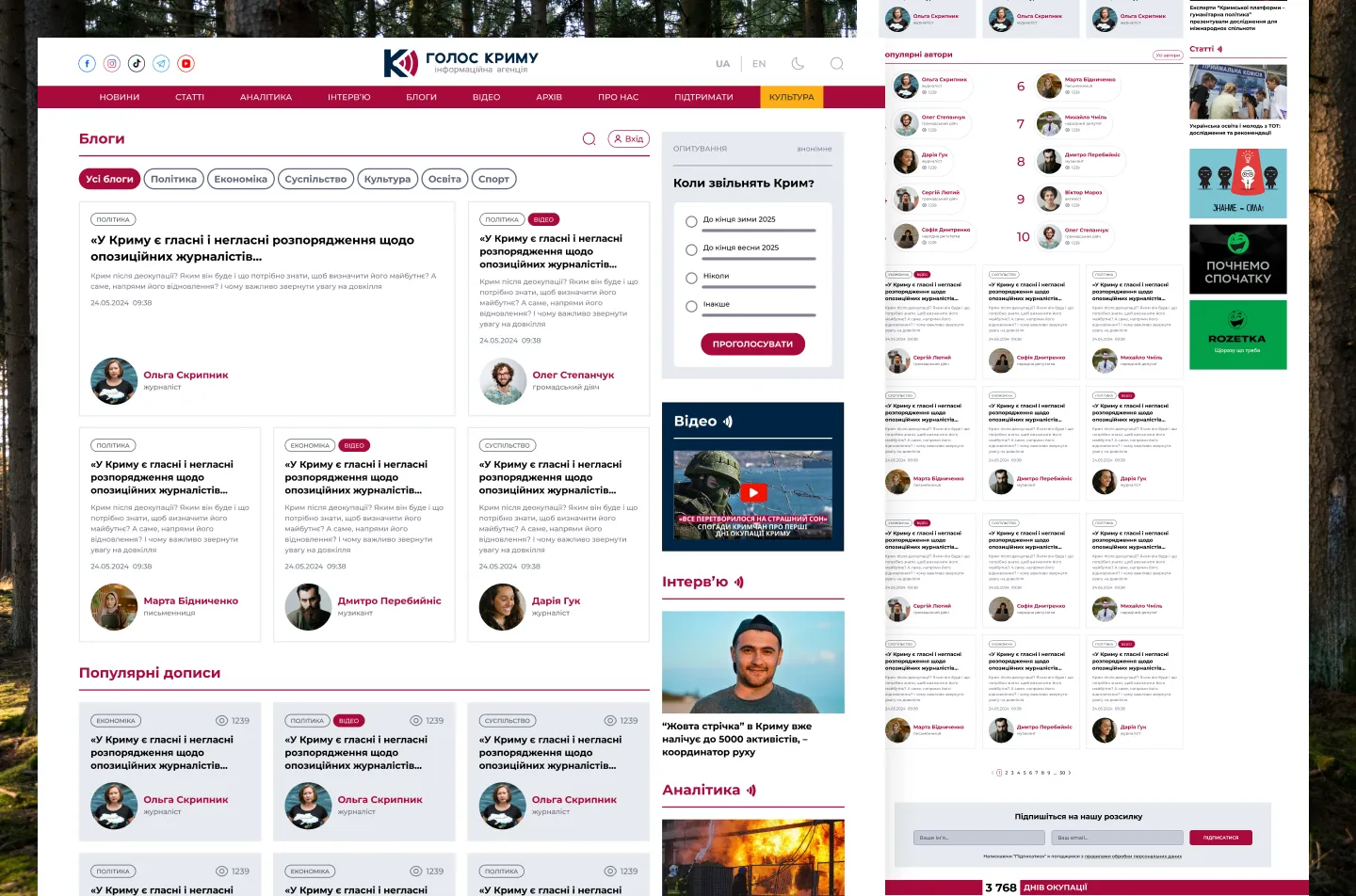 Voice of Crimea news site: blogs page with author cards and popular posts