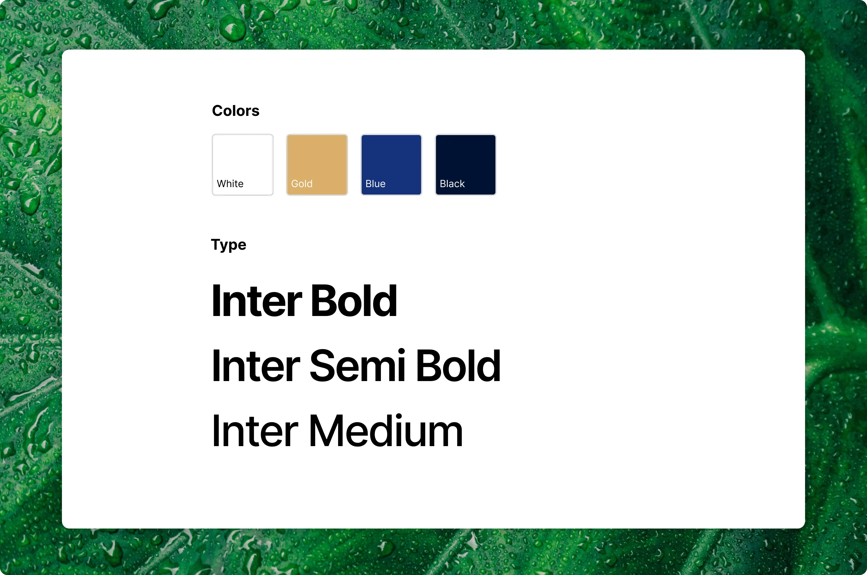 Palette of white, gold, blue and black, with an Inter type specimen in Bold, Semi Bold and Medium