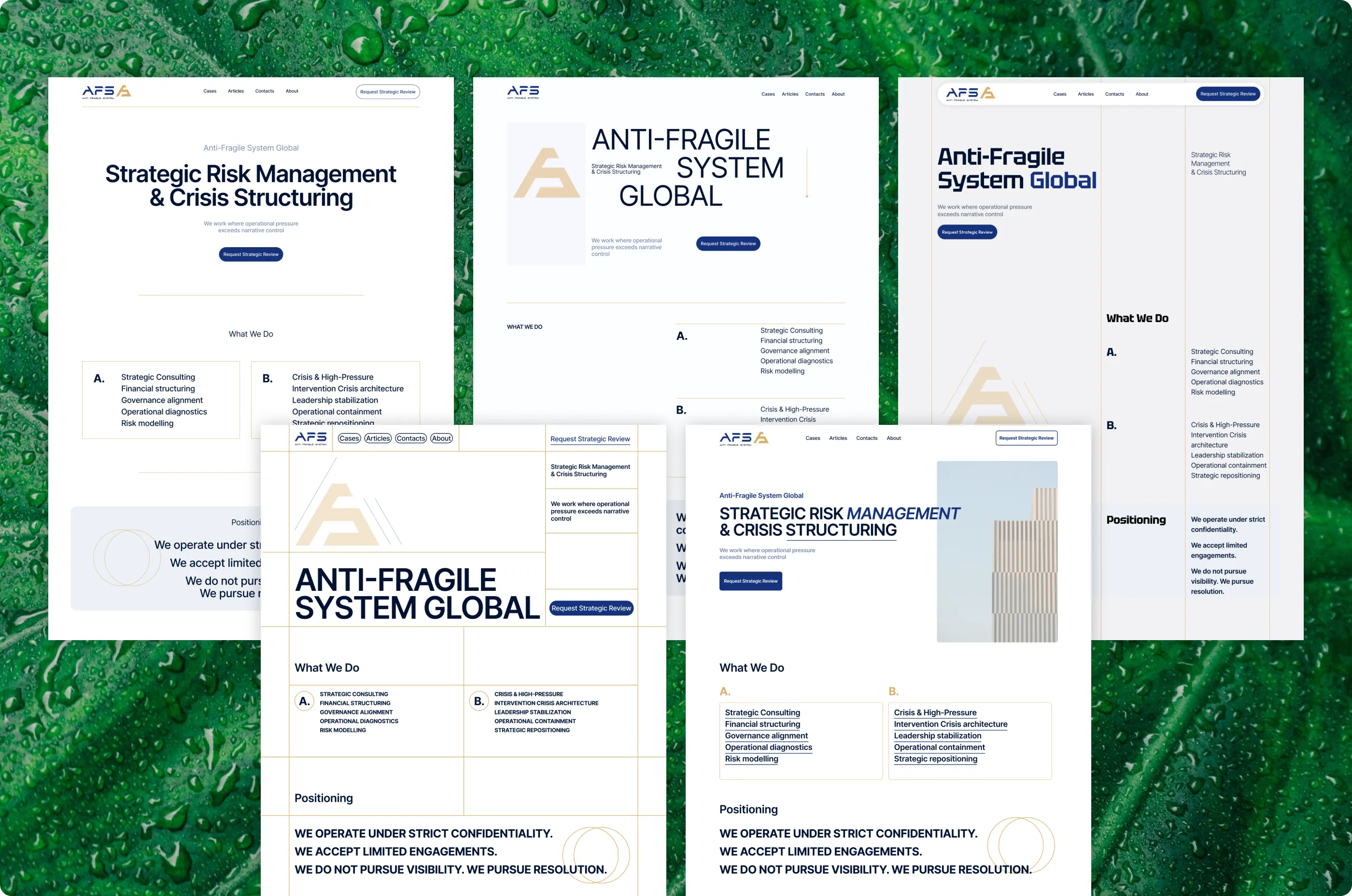 Five concept directions side by side: Centered, Editorial, Column grid, Architectural grid and Image-led