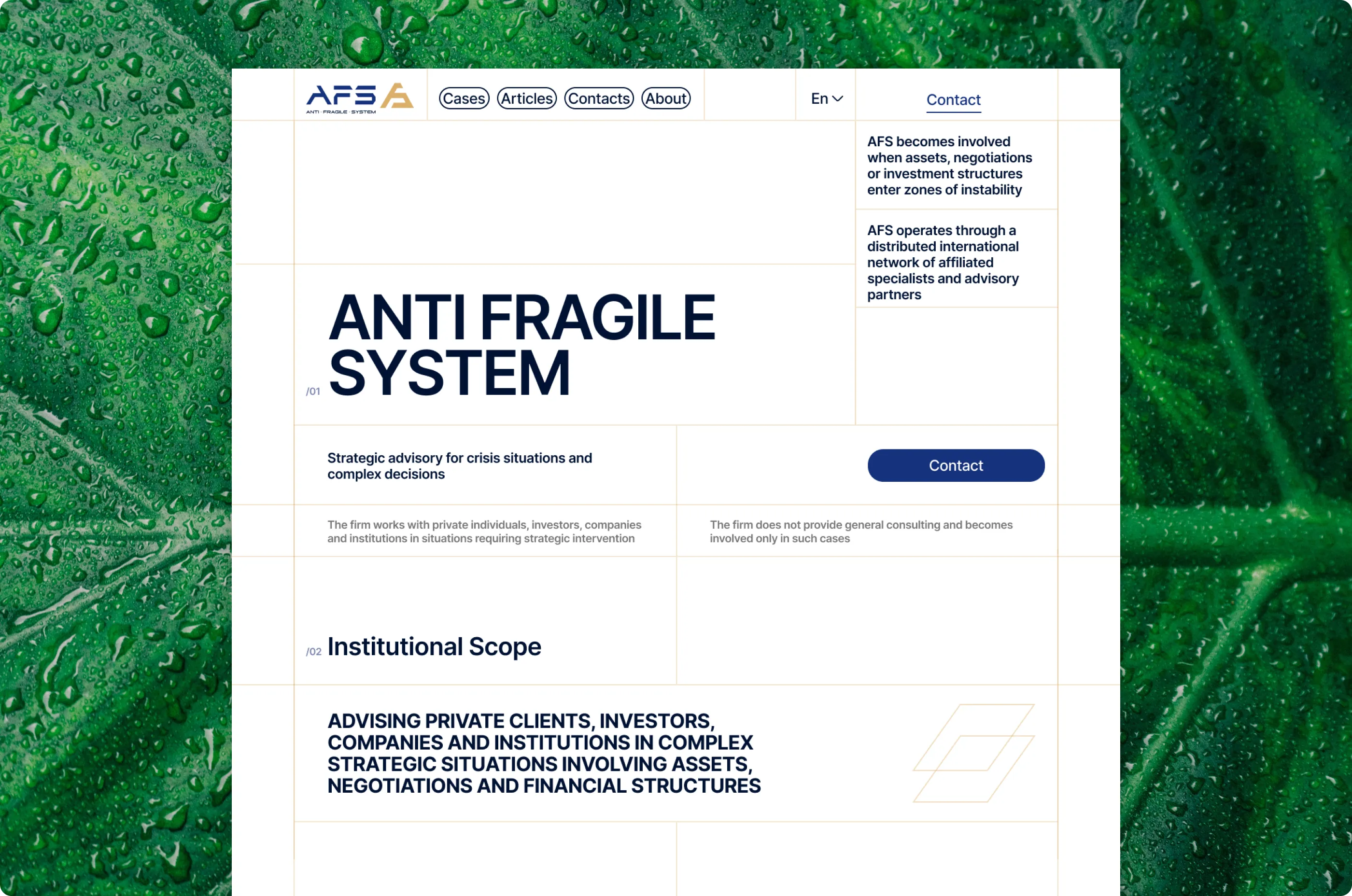Homepage header, hero and the Institutional Scope section