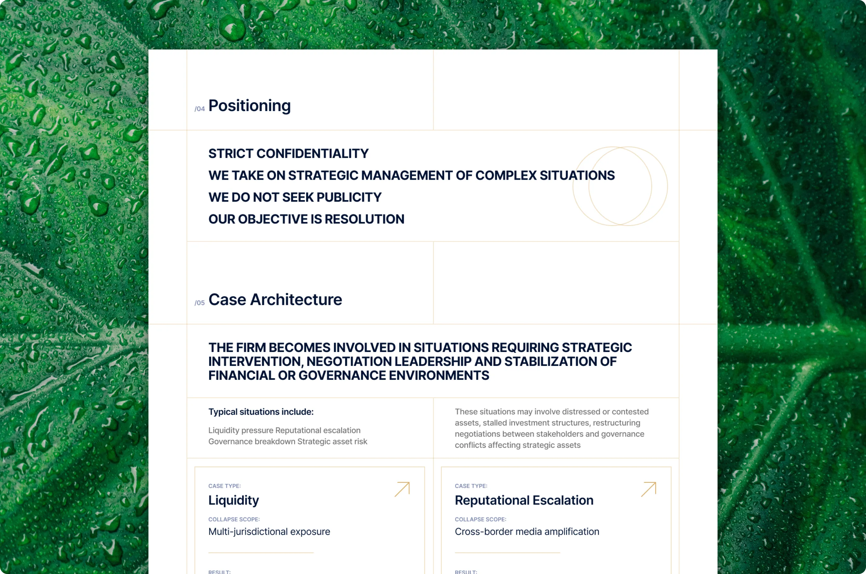 Positioning statement in bold capitals and anonymous case cards with thin gold frames