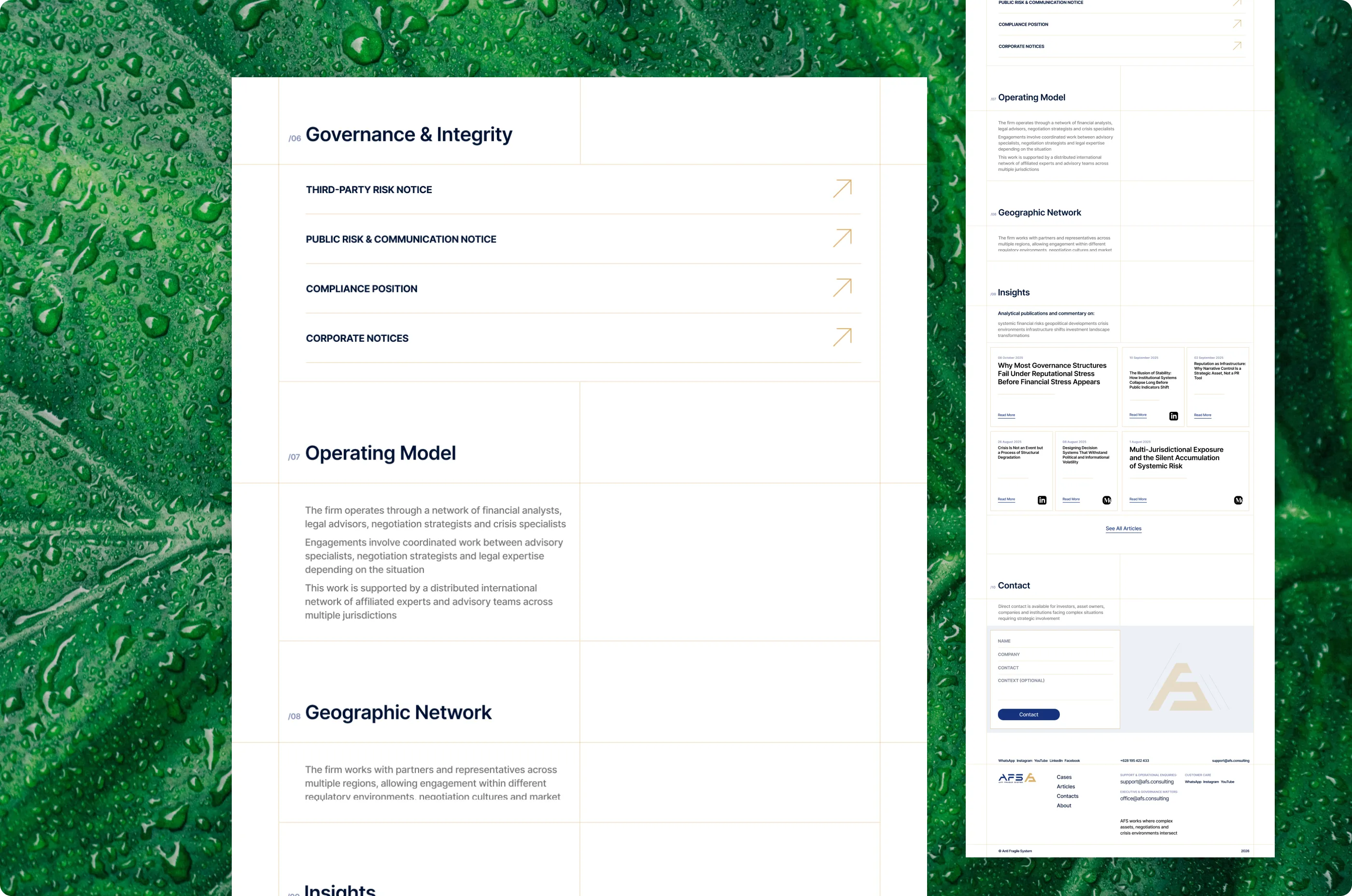 Governance and Integrity links, Operating Model, Geographic Network, Insights and the contact form