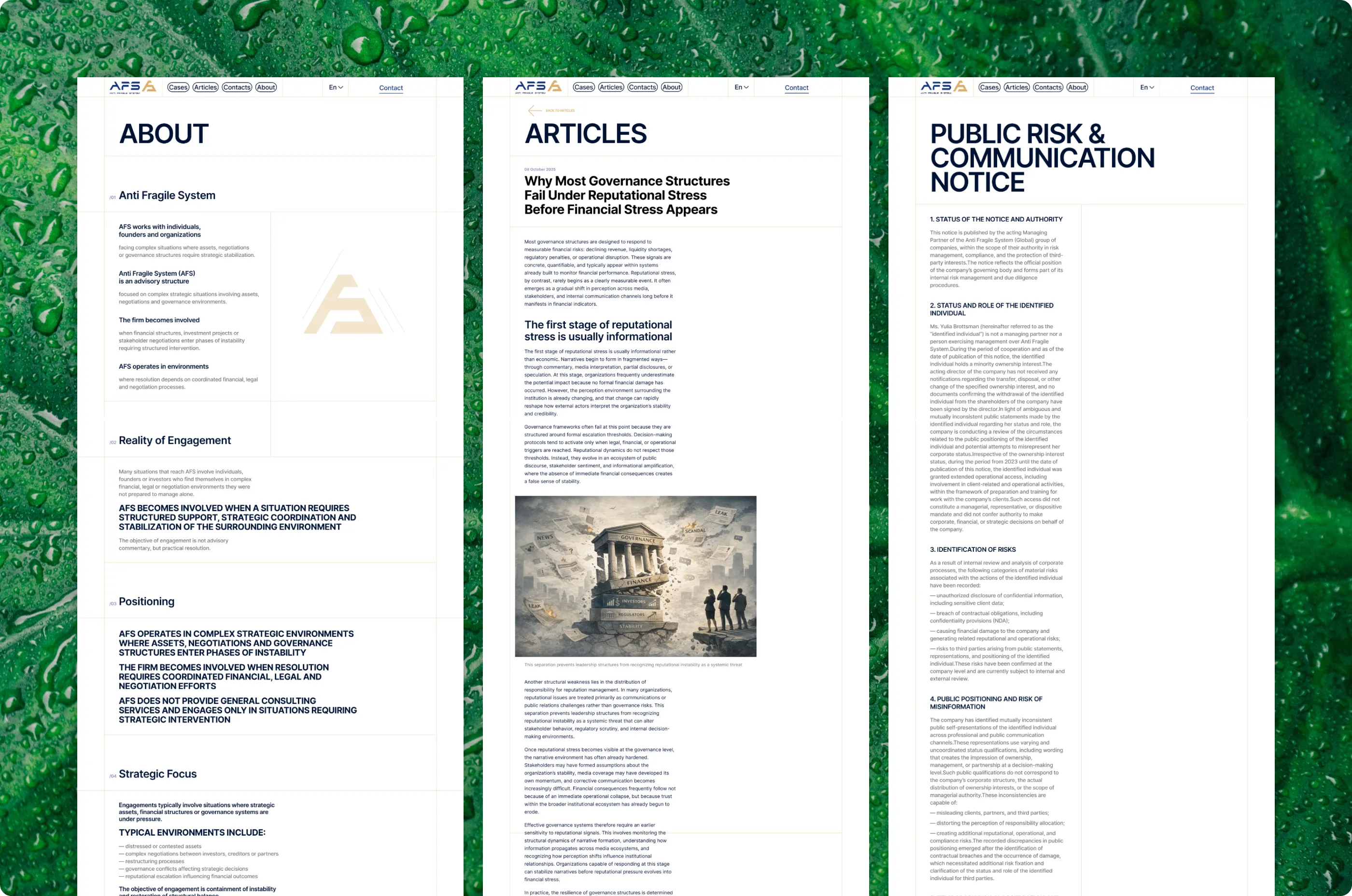 The About page, an article page and the Public Risk and Communication Notice page