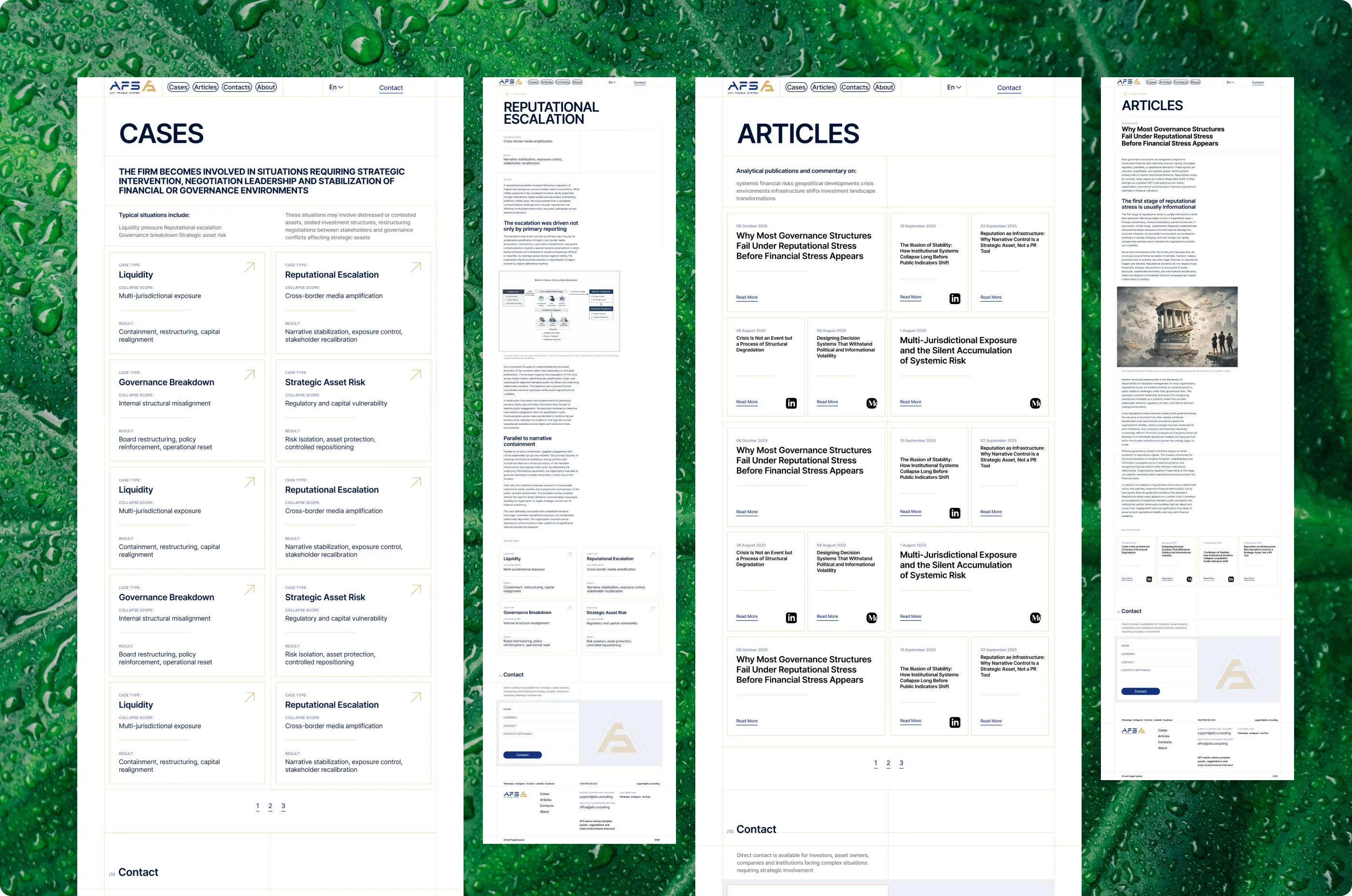 Cases list, a case page with a diagram, an articles list and an article page