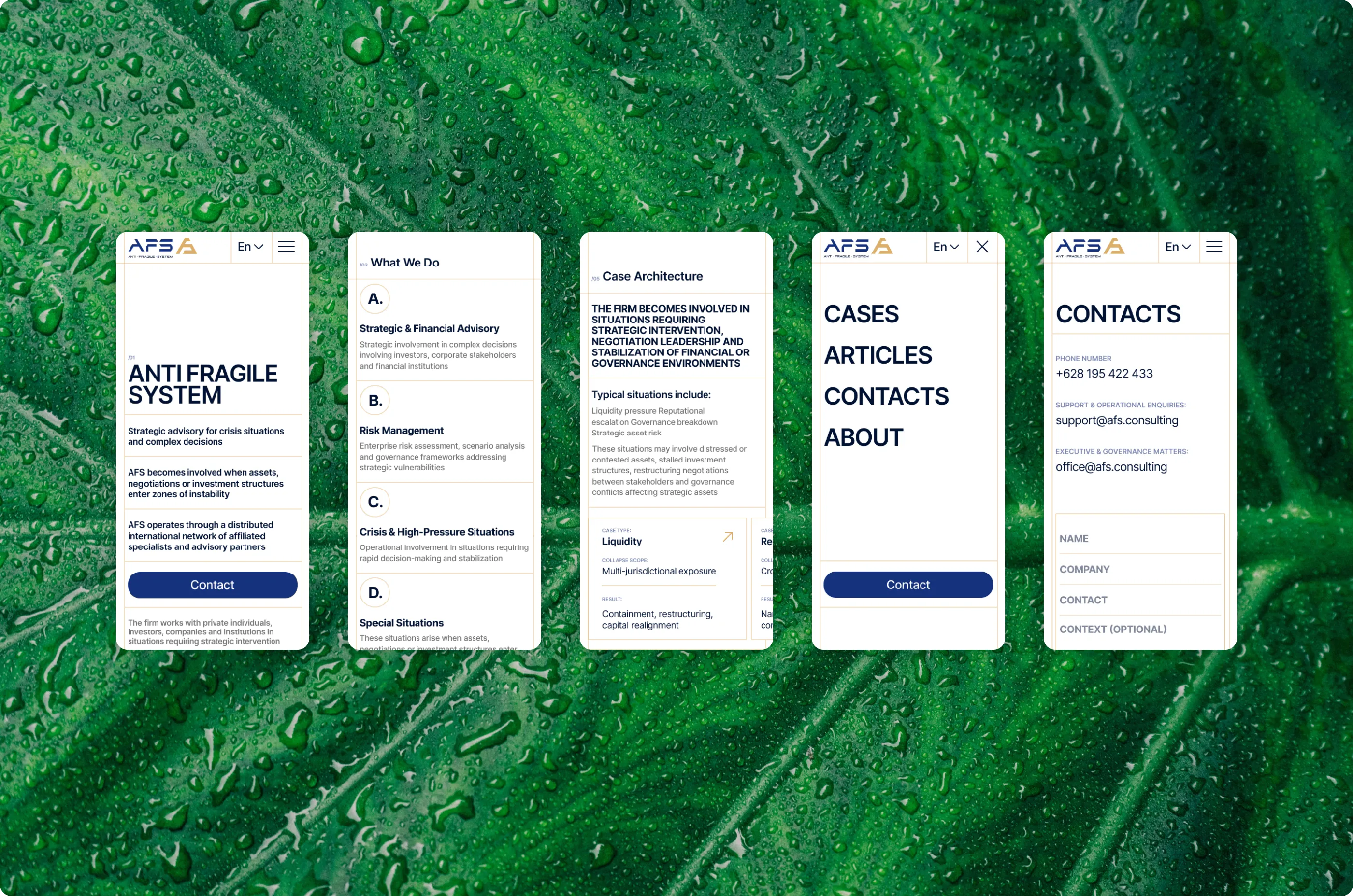 Mobile screens: hero, What We Do, Case Architecture, the open menu and the contacts form