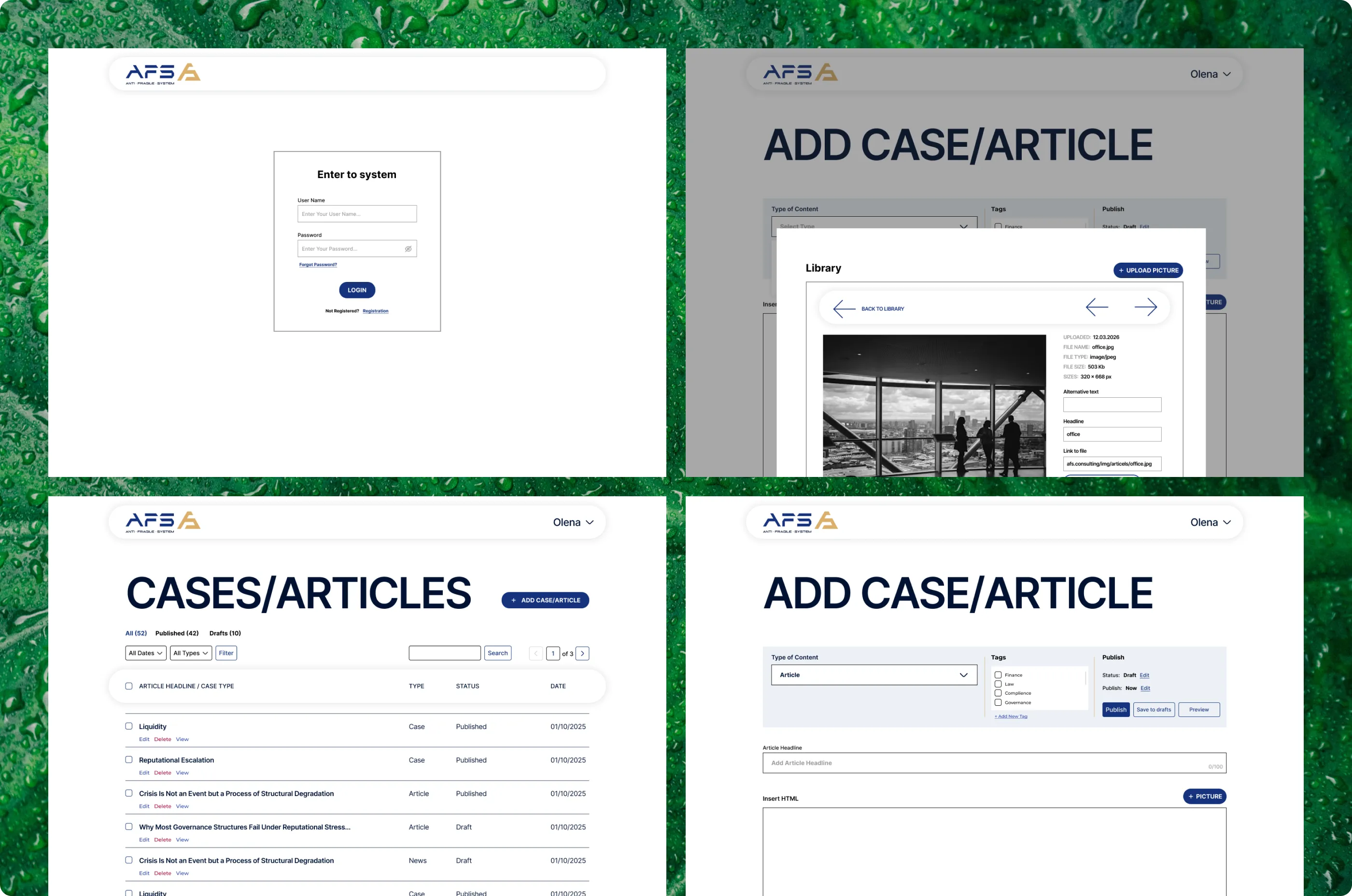 CMS screens: sign-in, the cases and articles list, the editor and the media library