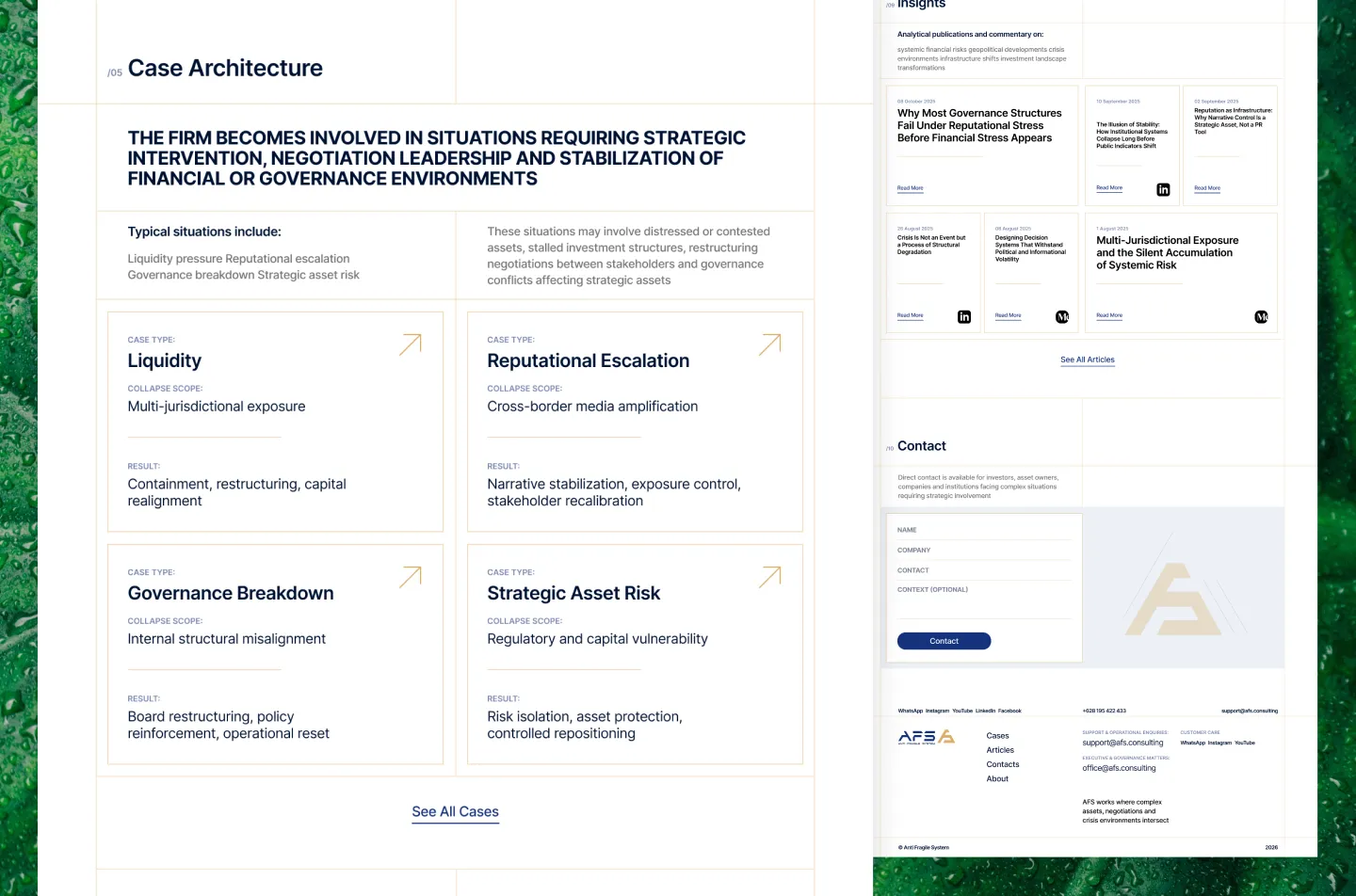 Anti Fragile System website: case cards, insights and contact form