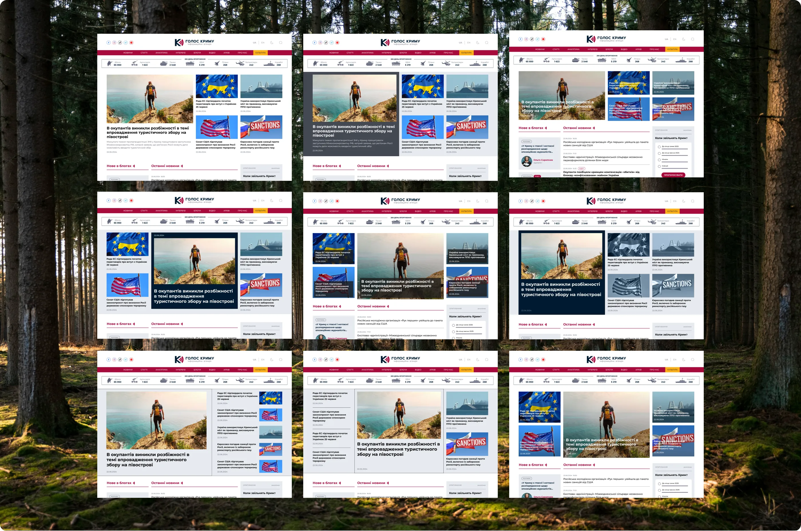 Nine of the ten explored variants of the homepage lead news block, shown in a grid