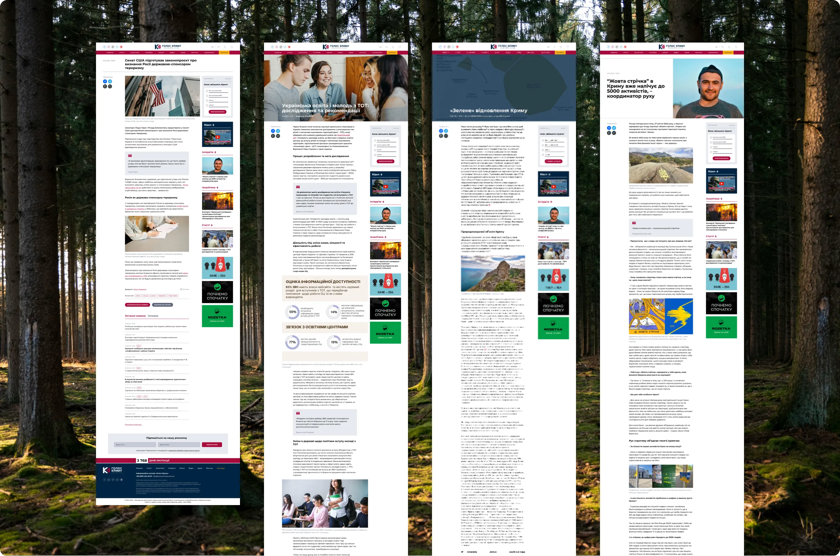 Four page templates side by side: news, article, analytics and interview, top screens only