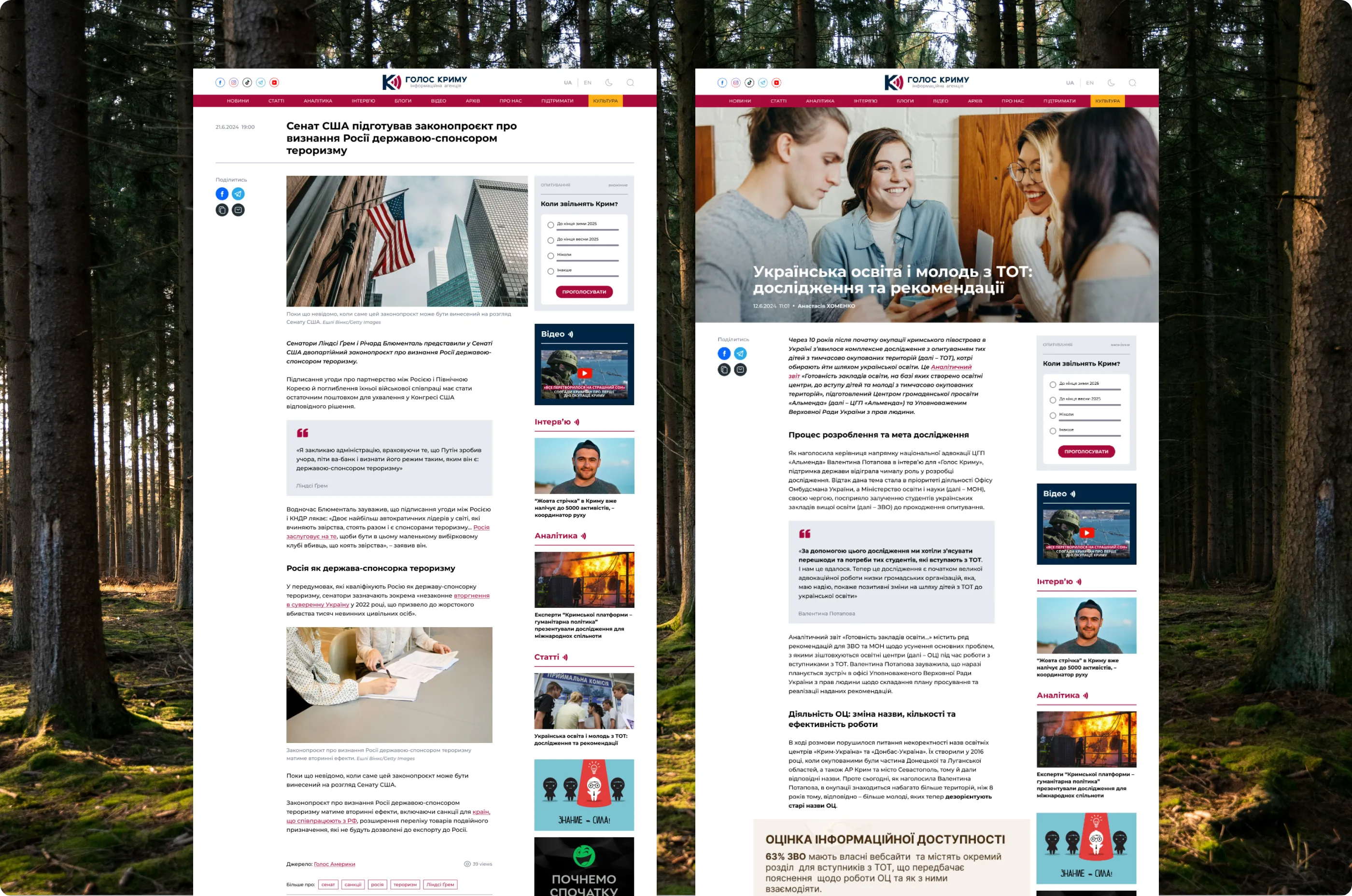 A news page and an article page showing the reading layout: narrow text column, subheadings, images and highlighted quote blocks